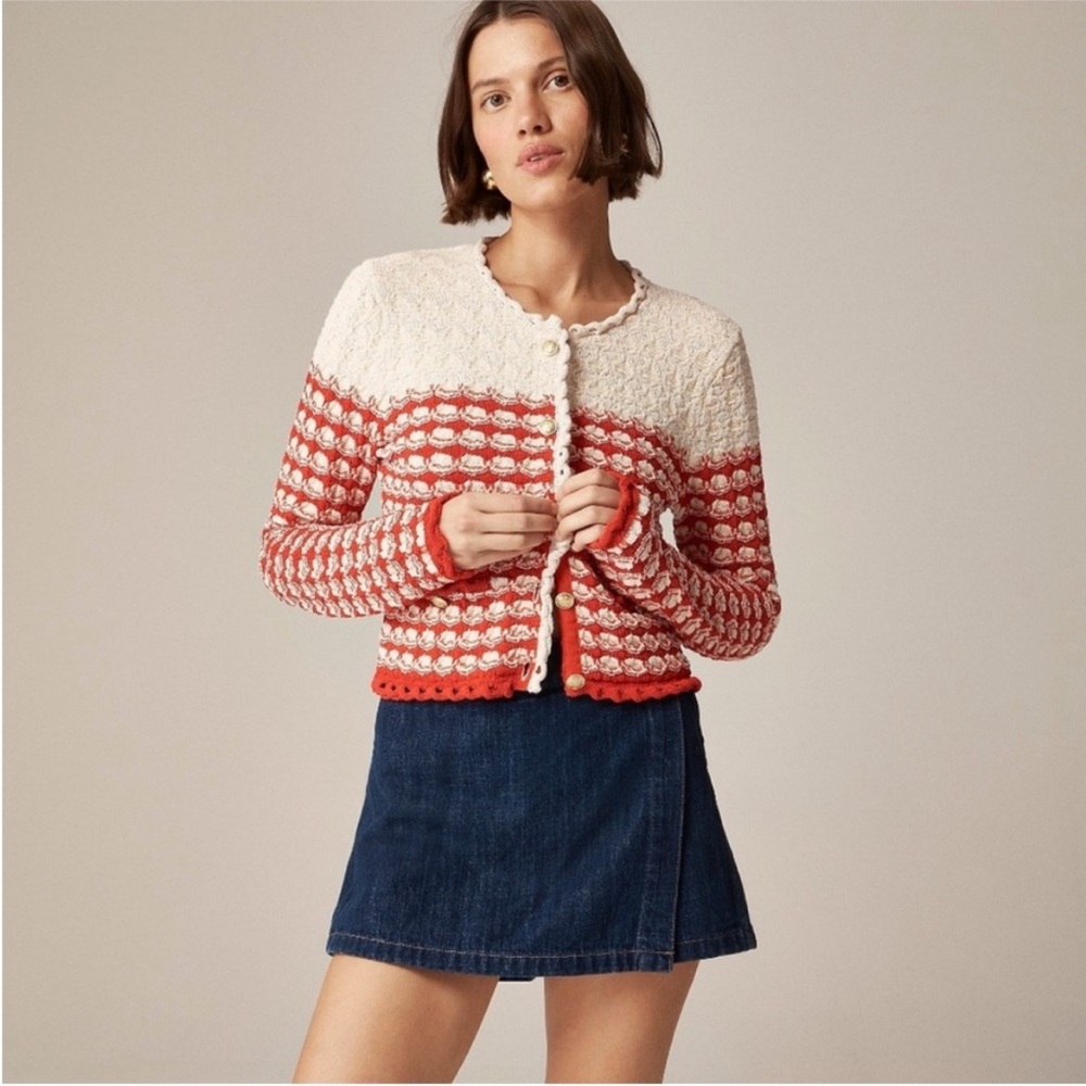 J. Crew Cream and Coral Textured Button-Up Cardigan